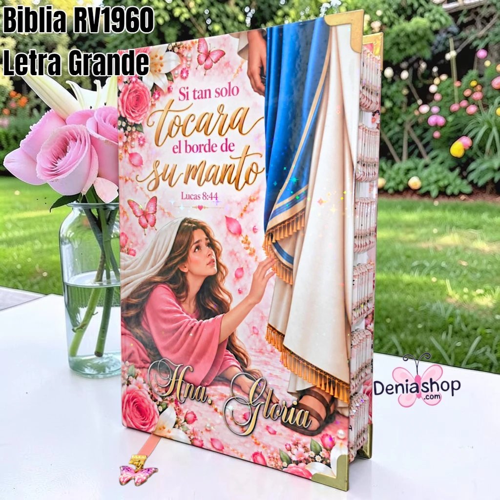 Biblia Personalizada Rosada El Borde de su Manto - Letra Grande de 12 Puntos - Reina Valera 1960 - Tapa Dura - Tamaño Regular - Español