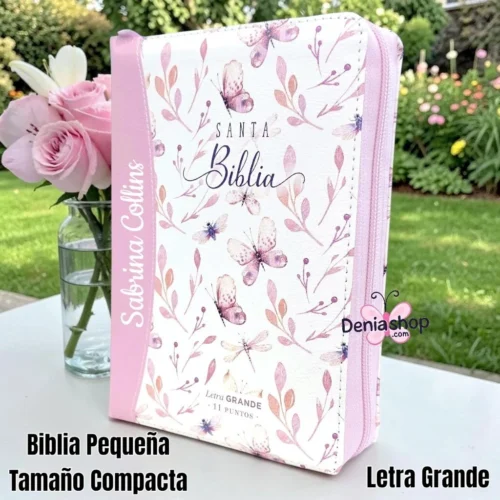 160498.jpg Biblia Personalizada Primaveral Rosada - Letra Grande de 12 Puntos - Reina Valera 1960 - Tamaño Compacta con Cierre - Español