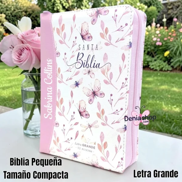 Biblia Personalizada Primaveral Rosada - Letra Grande de 12 Puntos - Reina Valera 1960 - Tamaño Compacta con Cierre - Español