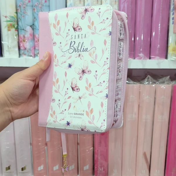 Biblia Personalizada Primaveral Rosada - Letra Grande de 12 Puntos - Reina Valera 1960 - Tamaño Compacta con Cierre - Español