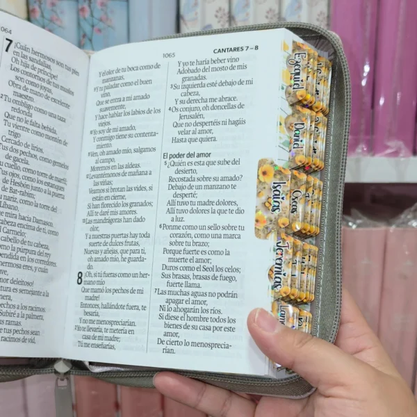 Biblia Personalizada Primaveral Beige Ceniza Floral - Letra Grande de 12 Puntos - Reina Valera 1960 - Tamaño Compacta con Cierre - Español