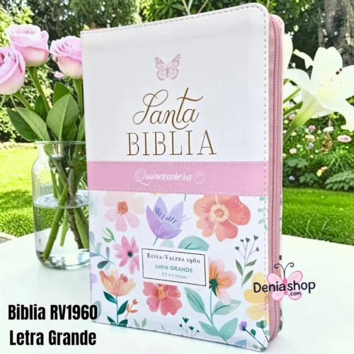 171326.jpg Biblia Personalizada Floral Para Quinceañera - Letra Grande de 12 Puntos - Reina Valera 1960 - Tamaño Manual con Cierre - Español