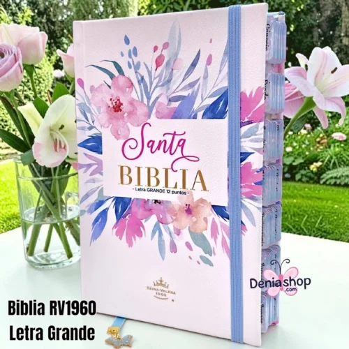 Biblia Personalizada Celeste Floral - Letra Grande de 12 Puntos - Reina Valera 1960 - Tapa Dura - Tamaño Regular - Español
