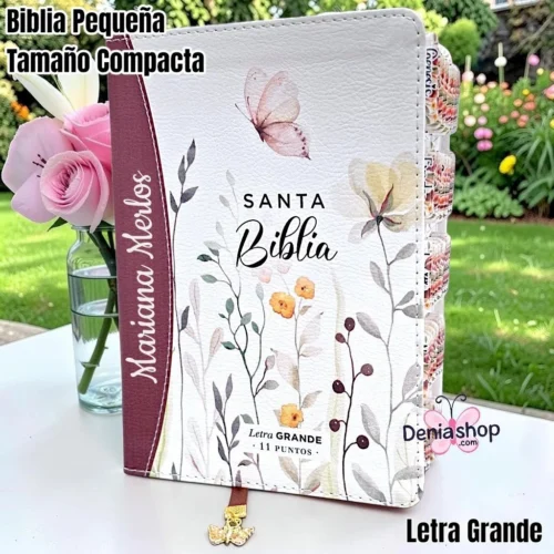 Biblia Personalizada Café Floral - Letra Grande de 11 Puntos - Versión Reina Valera 1960 - Tamaño Compacta – Español