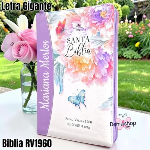 Biblia Personalizada Morada Floral - Letra Gigante de 14 Puntos - Reina Valera 1960 - Tamaño Manual con Cierre - Español