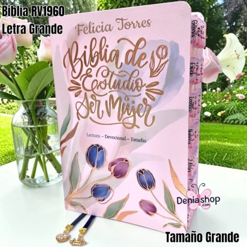 234672.jpg Biblia Personalizada de Estudio Ser Mujer Rosada de Tulipanes - Letra Grande de 12 Puntos - Reina Valera 1960 - Tamaño Grande - Español