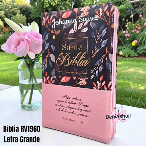 Biblia Personalizada Otoño Rosa - Letra Grande de 12 Puntos - Reina Valera 1960 - Tamaño Regular con Cierre - Español
