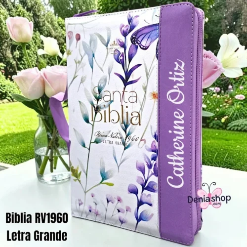 Biblia Personalizada Morada Ramas de Fe - con Asa de Mano - Letra Grande de 12 Puntos - Reina Valera 1960 - Tamaño Regular con Cierre - Español