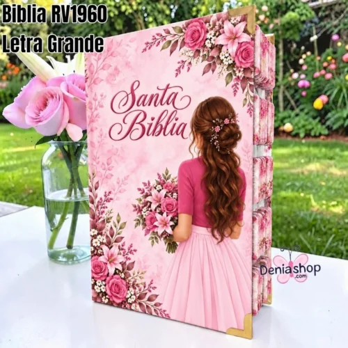 500272.jpg Biblia Personalizada Rosada Dama de Rosas - Letra Grande de 12 Puntos - Reina Valera 1960 - Tapa Dura - Tamaño Regular - Español