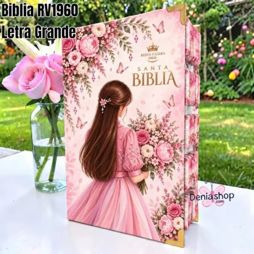 Biblia Personalizada Rosada Dama de Flores - Letra Grande de 12 Puntos - Reina Valera 1960 - Tapa Dura - Tamaño Regular - Español