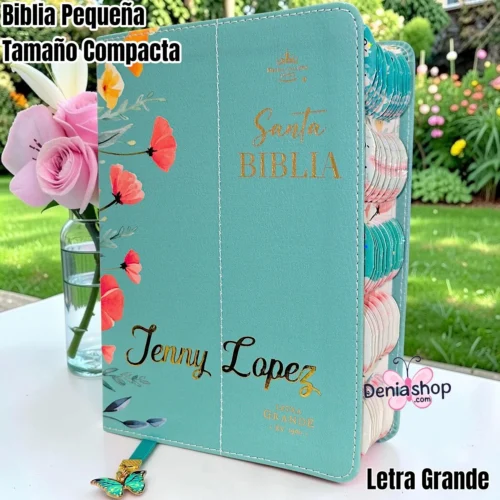 Biblia Personalizada Verde Aqua - Letra Grande de 12 Puntos - Reina Valera 1960 - Tamaño Compacta - Español