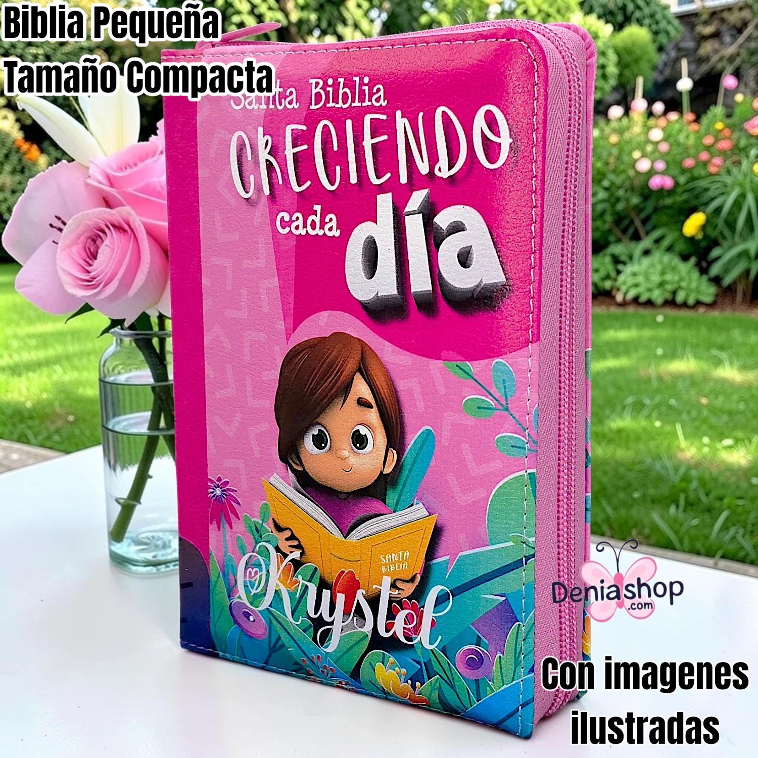 Biblia Personalizada Rosada para Niñas con Imágenes Ilustradas - Creciendo Cada Día - Letra Estandar de 10 Puntos - Reina Valera 1960 – Tamaño Compacta - Español
