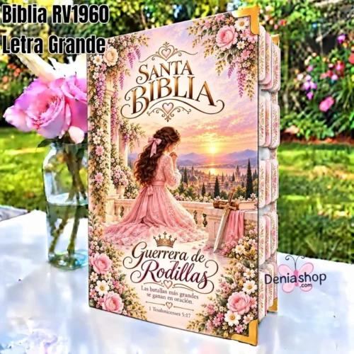 548054.jpg Biblia Personalizada Rosada Guerrera de Rodillas - Letra Grande de 12 Puntos - Reina Valera 1960 - Tapa Dura - Tamaño Regular - Español