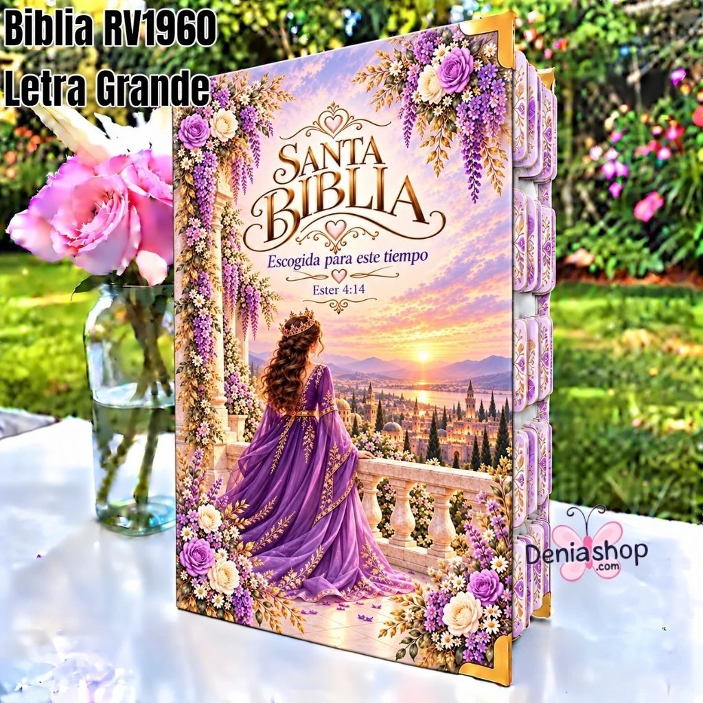 Biblia Personalizada Morada Ester 4:14 - Letra Grande de 12 Puntos - Reina Valera 1960 - Tapa Dura - Tamaño Regular - Español