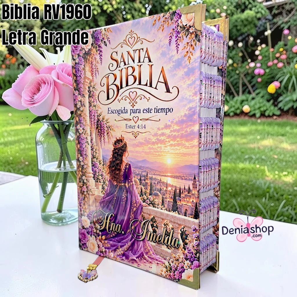 Biblia Personalizada Morada Ester 4:14 - Letra Grande de 12 Puntos - Reina Valera 1960 - Tapa Dura - Tamaño Regular - Español