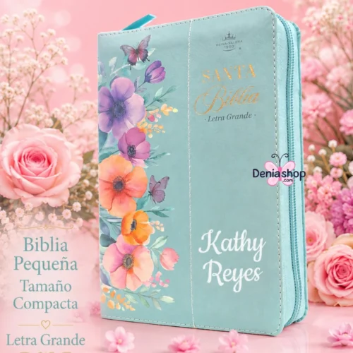 Deniasho.com-23.webp Biblia Personalizada Primaveral Celeste Aqua - Letra Grande de 12 Puntos - Reina Valera 1960 - Tamaño Compacta con Cierre - Español