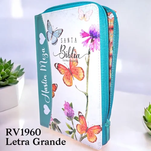 Biblia Personalizada Aqua de Mariposas - Letra Grande de 12 Puntos - Reina Valera 1960 - Tamaño Manual con Cierre - Español