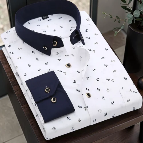 Deniashop.com-camisa-24.webp Camisa de Vestir Blanca con Estampado de Anclas para Hombre Manga Larga | Ligera, Transpirable y Elegante 100% Poliéster