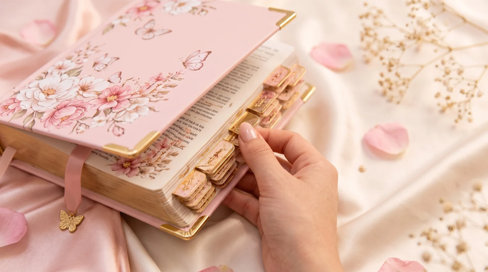 Mano abriendo una Biblia personalizada rosa con flores y mariposas, pestañas doradas, esquineros dorados y un dije de mariposa en el marcador