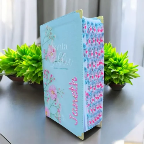 deniashop.com-biblia13.webp Biblia Verde Menta Floral - Letra Grande de 12 Puntos - Reina Valera 1960 - Tamaño Manual - Español - Nombre con Piedrería